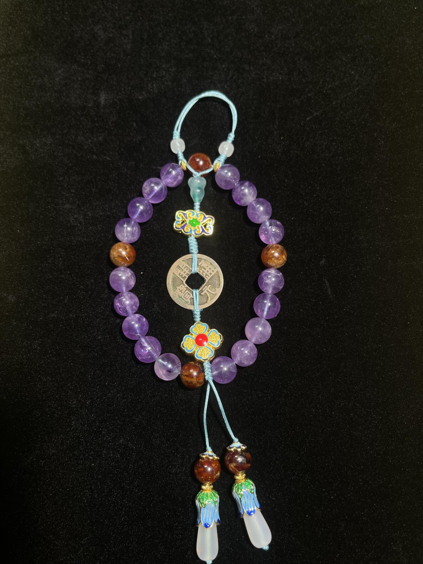 古钱币十八子念珠紫水晶手串-开元通宝