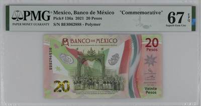 墨西哥 豹子号888 2021年 独立200周年 20比索纪念钞 PMG67 无47靓号 - 墨西哥 豹子号888 2021年 独立200周年 20比索纪念钞 PMG67 无47靓号