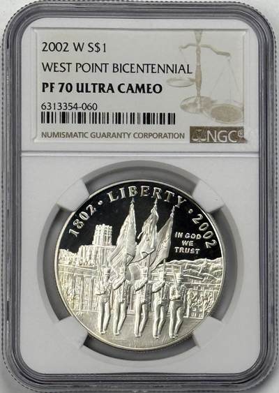 S&S Numismatic世界钱币-拍卖 第121期  - 获奖币*美国2002年 美国西点军校二百周年 1美元精制纪念银币 26.73克900银 NGC PF70UC