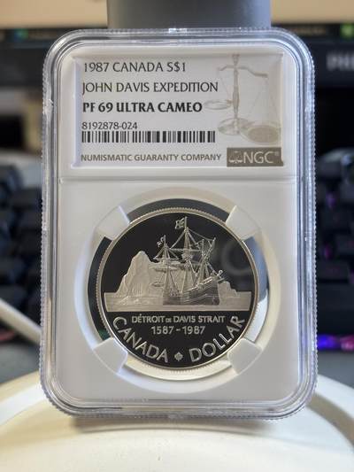 第192期拍卖 - 获奖币 加拿大1987年戴维斯海峡发现400周年纪念银币 NGC-PF69,500银，23.3276克，1988年克劳斯最佳银币