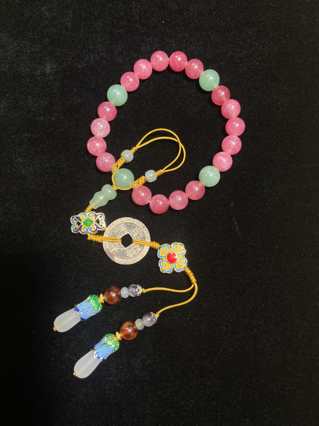 古钱币十八子手持粉碧玺玉髓手串