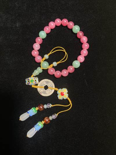 【崇觀宣和】太平通宝-古钱币十八子手持粉碧玺玉髓手串 【崇觀宣和】太平通宝-古钱币十八子手持粉碧玺玉髓手串