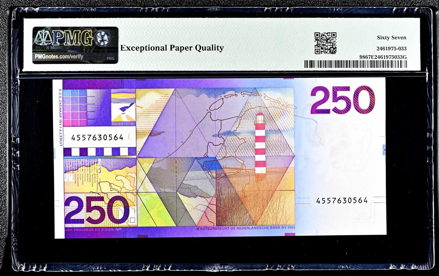  【Blue Auction】世界纸币精拍第791期——18级TOP拍卖/信誉/品质/专业/高效💫 荷兰 1985年250盾 经典灯塔 PMG67EPQ