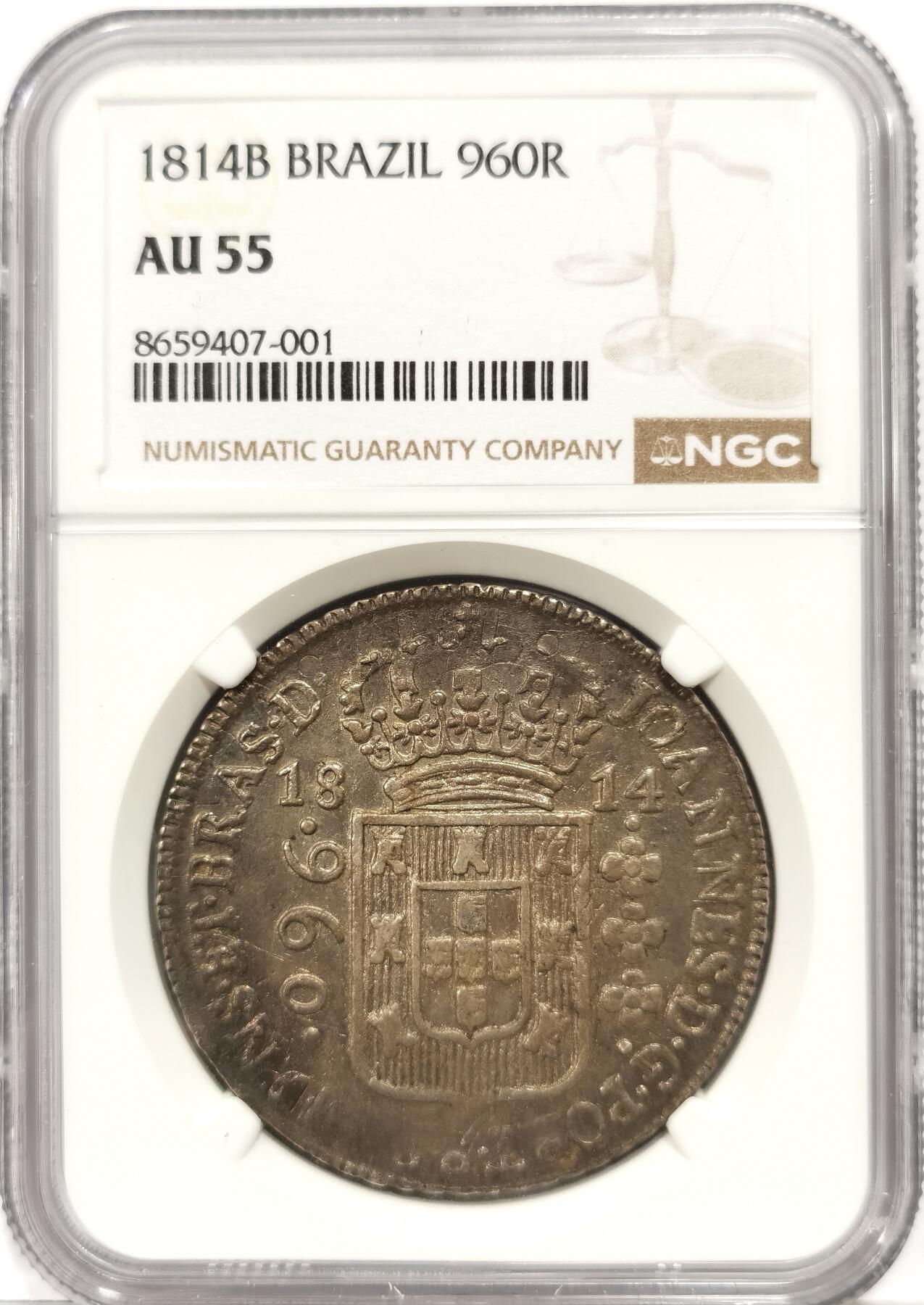 博洋堂世界钱币拍卖第163期（全场包邮） NGC AU55 葡属巴西1814年B版960R地球银币，包浆状态一流，压分严评
