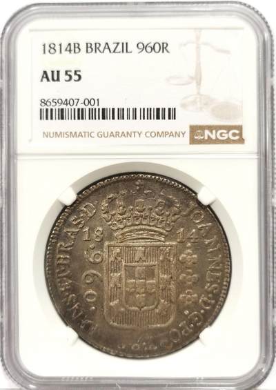 博洋堂世界钱币拍卖第163期（全场包邮） - NGC AU55 葡属巴西1814年B版960R地球银币，包浆状态一流，压分严评