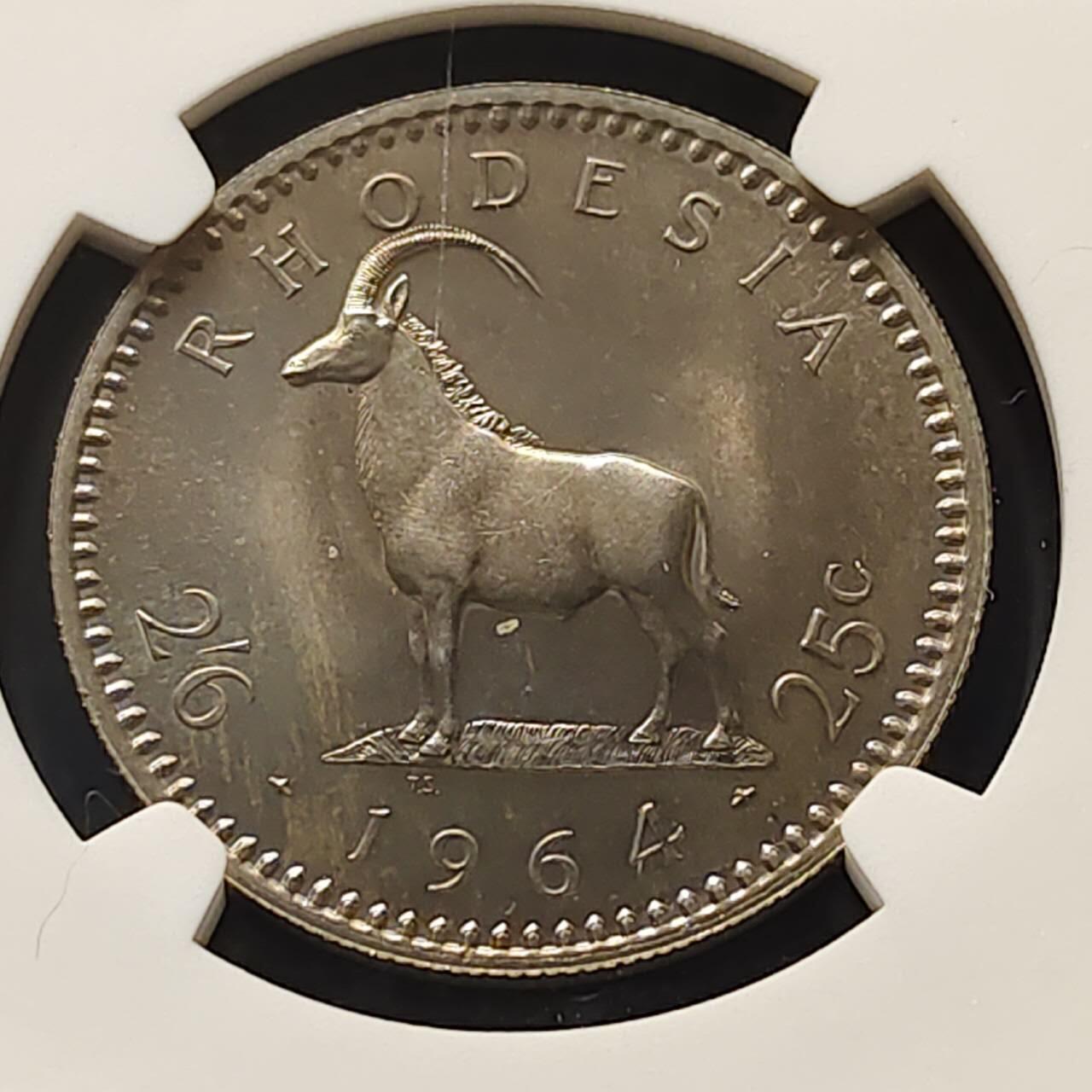 【全场包邮】纯粹捡漏拍509场 【收藏级·稀少】英属罗德西亚1964年女王25分/2先令6便士双面值精制币-量2080-NGC PF64