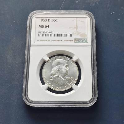 【全场包邮】纯粹捡漏拍509场 - 美国1963年富兰克林半元银币【31毫米12.5克90%】-NGC MS64