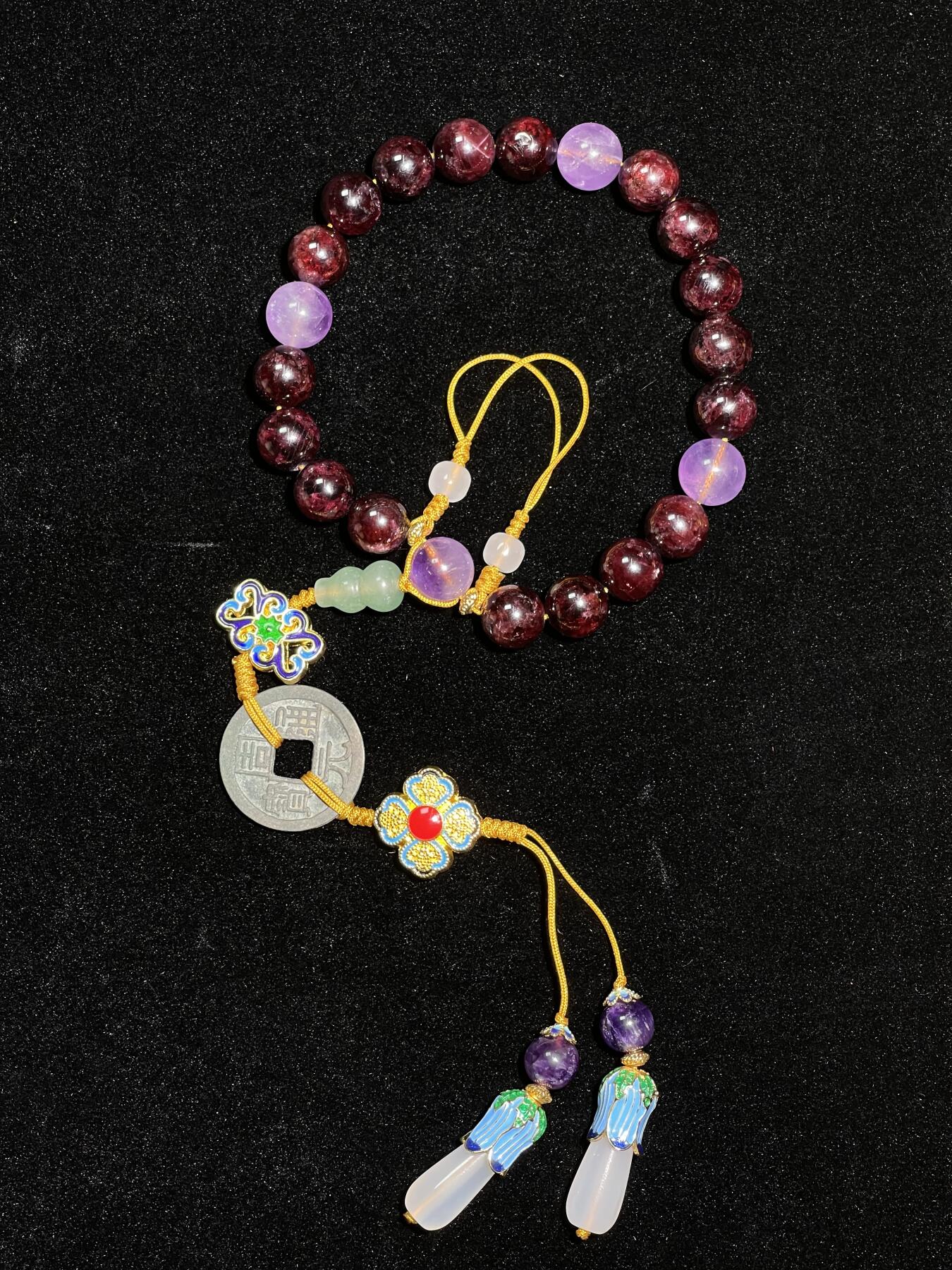 古钱币十八子手持石榴石手串-周元通宝