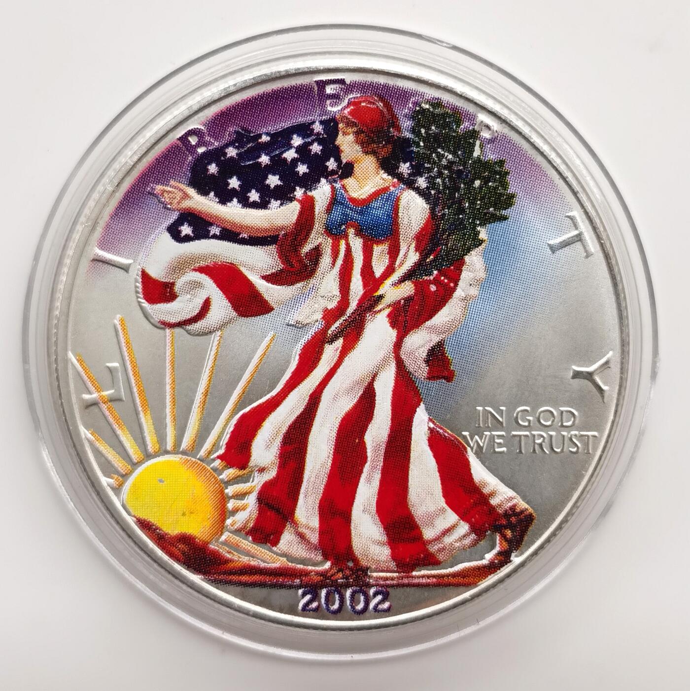 博洋堂世界钱币拍卖第163期（全场包邮） 美国2002年1元彩色普制银币 美国女神 1盎司999银 私印版发行量不多