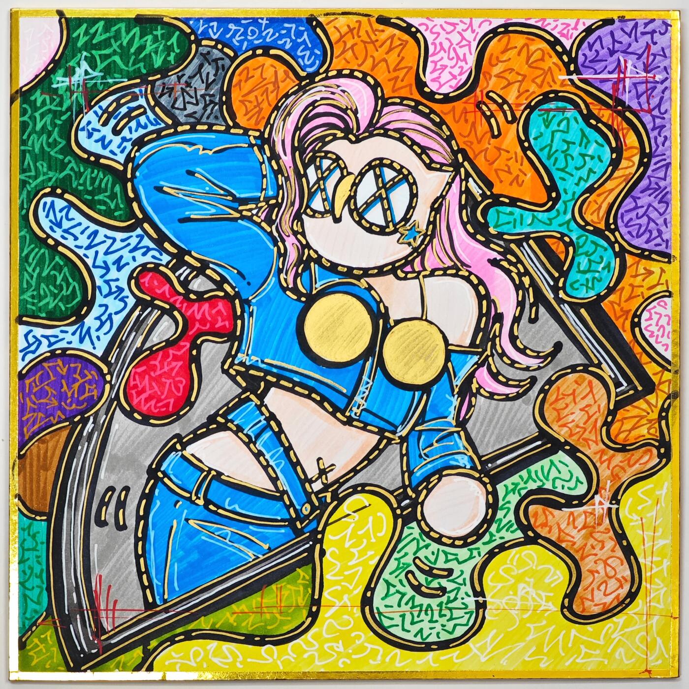 白泽拍卖卡牌手绘专场第33期（去岁千般皆如愿 今年万事定称心） 2021 waiwai手绘色纸 赛博 尺寸：17.8cm*17.8cm  waiwai亲签