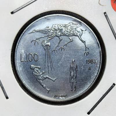 外国优质老铜币银币苏联纪念章，每周六晚九点倒数截拍，满百包邮可寄存，持续收拍 - 圣马力诺1983年反战100里拉纪念币，时值冷战核威胁加剧，币面以 “核战阴影” 为主题，刻画人类面对灾难的处境，由罗马造币厂铸造，以不锈钢为材质，承载反核与和平诉求。