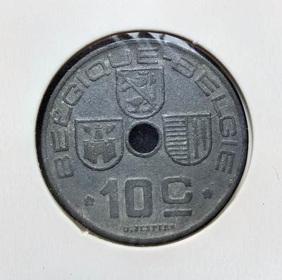 外国优质老铜币银币苏联纪念章，每周六晚九点倒数截拍，满百包邮可寄存，持续收拍 - 二战德占比利时1942年10分，为战时应急发行。因铜、银等金属被征用，改用纯锌铸造，正面为省徽与面值，背面是王冠纹章，1941-1946 年流通，是纳粹占领时期的货币见证。