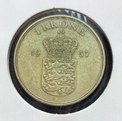 外国优质老铜币银币苏联纪念章，每周六晚九点倒数截拍，满百包邮可寄存，持续收拍 - 丹麦1957年1克朗，属弗雷德里克九世时期（1947-1972），材质为铝青铜，正面铸国王头像，背面是丹麦国徽与王冠，由哥本哈根皇家造币厂铸造，1960 年后逐步退出流通。