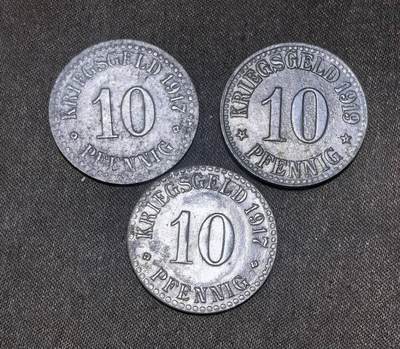 北京马甸外国币专卖第148期，非贵金属外国流通币，纪念币币，中国早期纪念币专场，陆续上拍，欢迎关注 - 德国帝国一战时期紧急状态币：黑森大公国卡塞尔10芬尼3枚