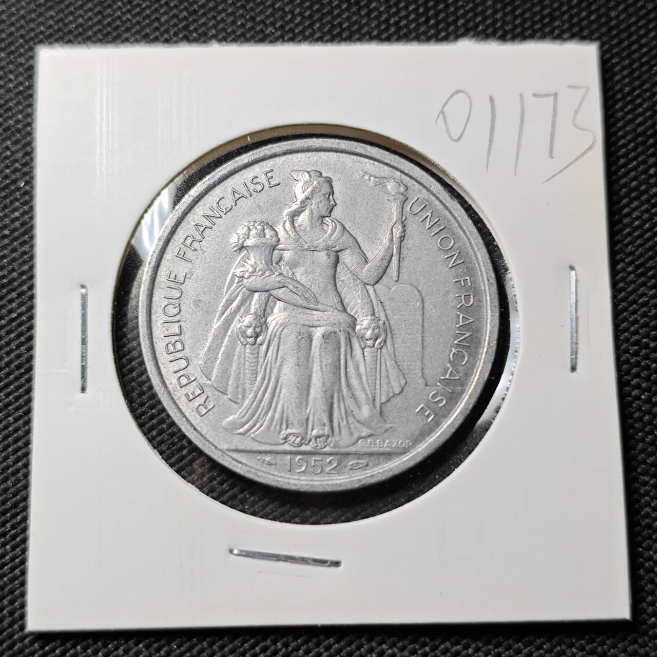 KK钱币收藏小铺   第401期 2月预留时间 周末发货  1952法属波利尼西亚5法郎