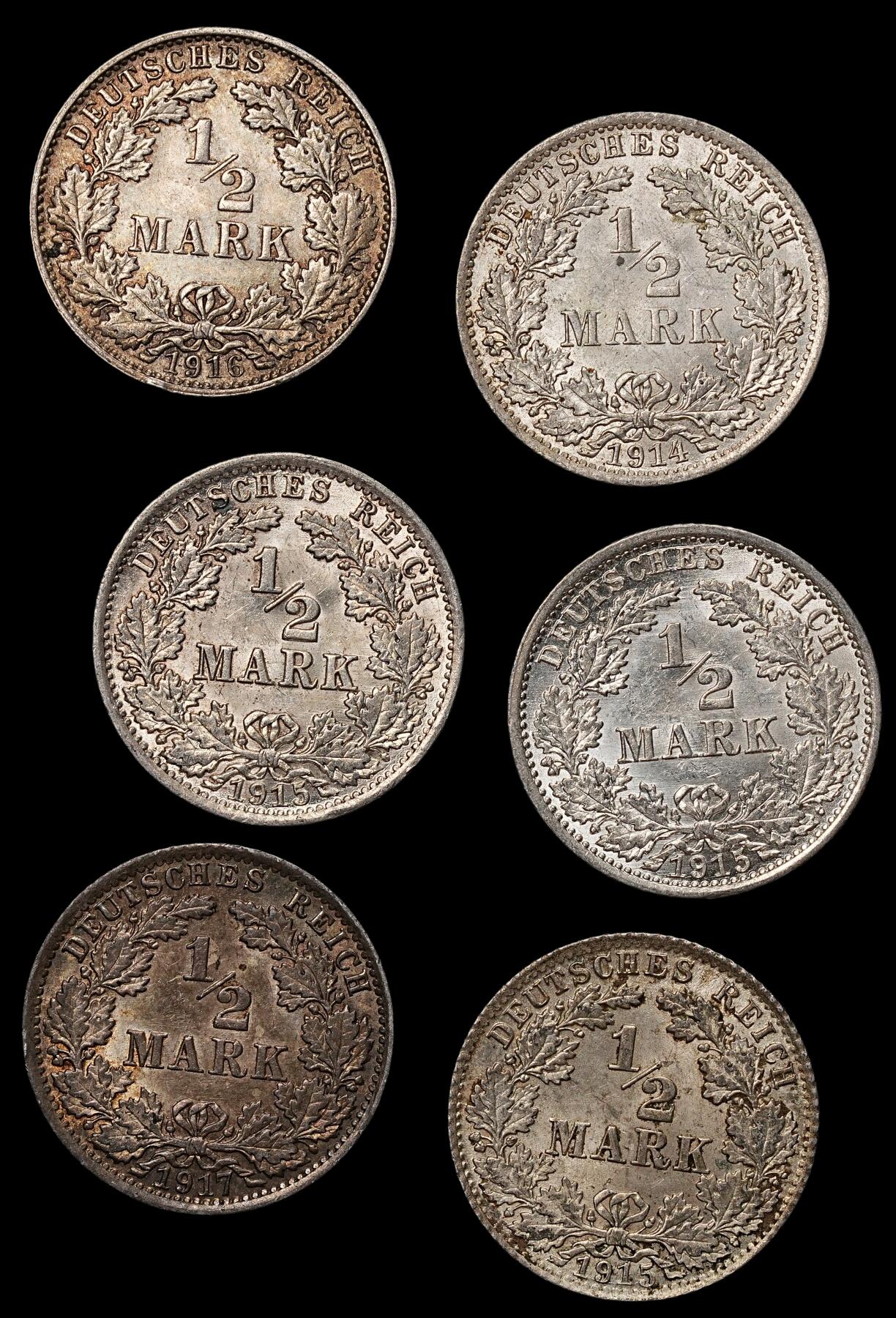 修遠堂世界钱币第106期，请看参拍说明 精选未流通，德国1/2马克银币6枚，总重16.67g，含银90%