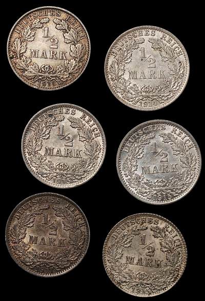 修遠堂世界钱币第106期，请看参拍说明 - 精选未流通，德国1/2马克银币6枚，总重16.67g，含银90%