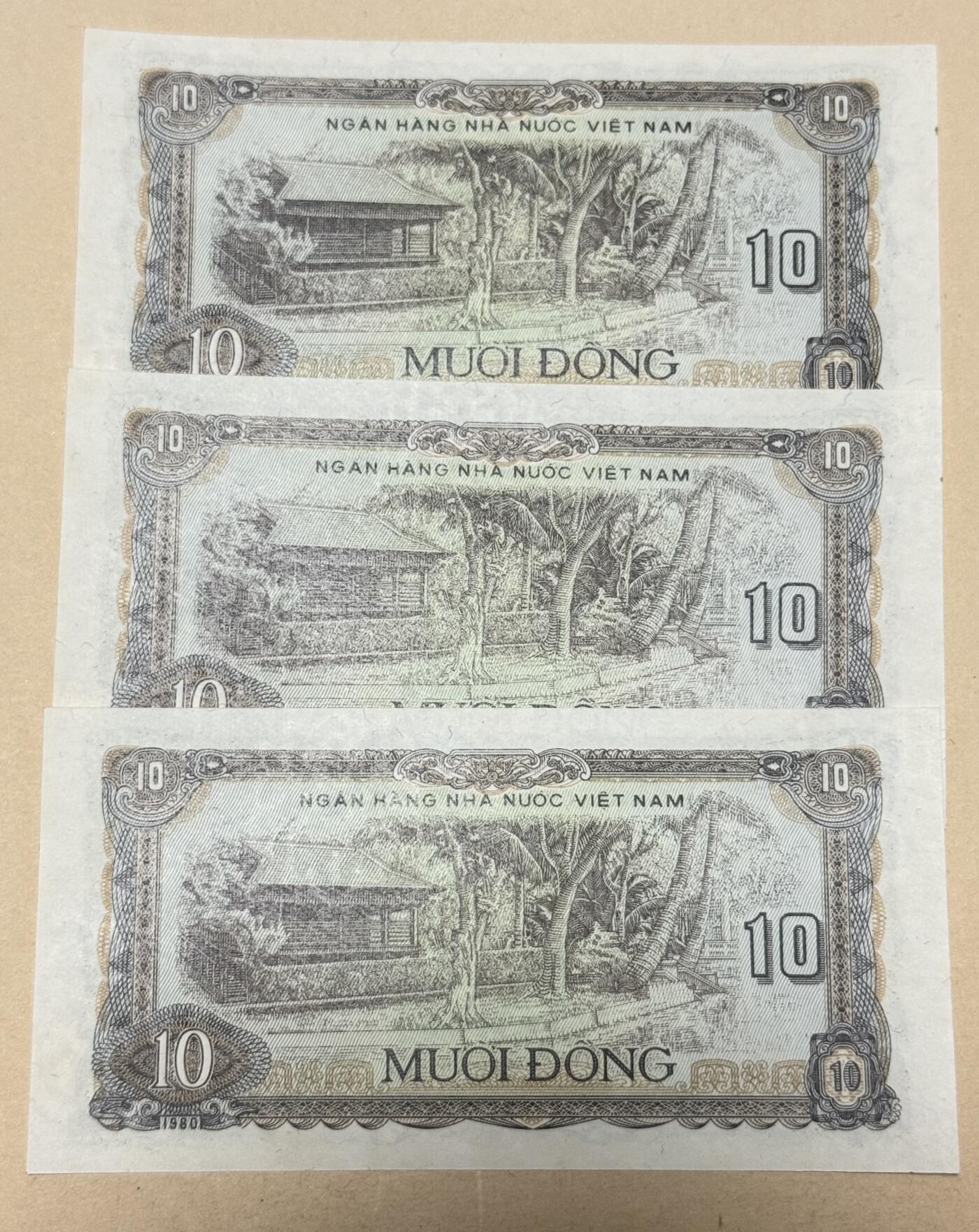 韵星假日钱币拍卖第3期 -- Rimey Holidays Coins & Banknotes Auction 3 越南社会主义共和国1980-81 仅一年 10盾RV617986、617987、617988三连号一套 9品 