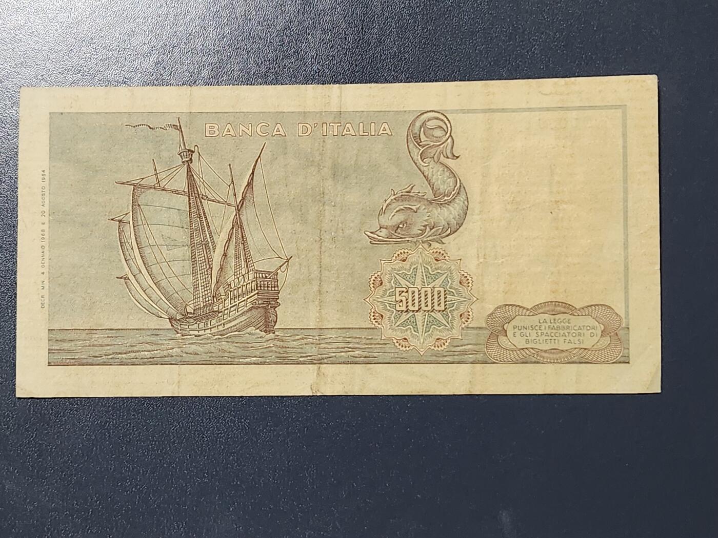 3月6号晚上8点 外国纸币自动截拍第35场 意大利5000初版1964原票美品