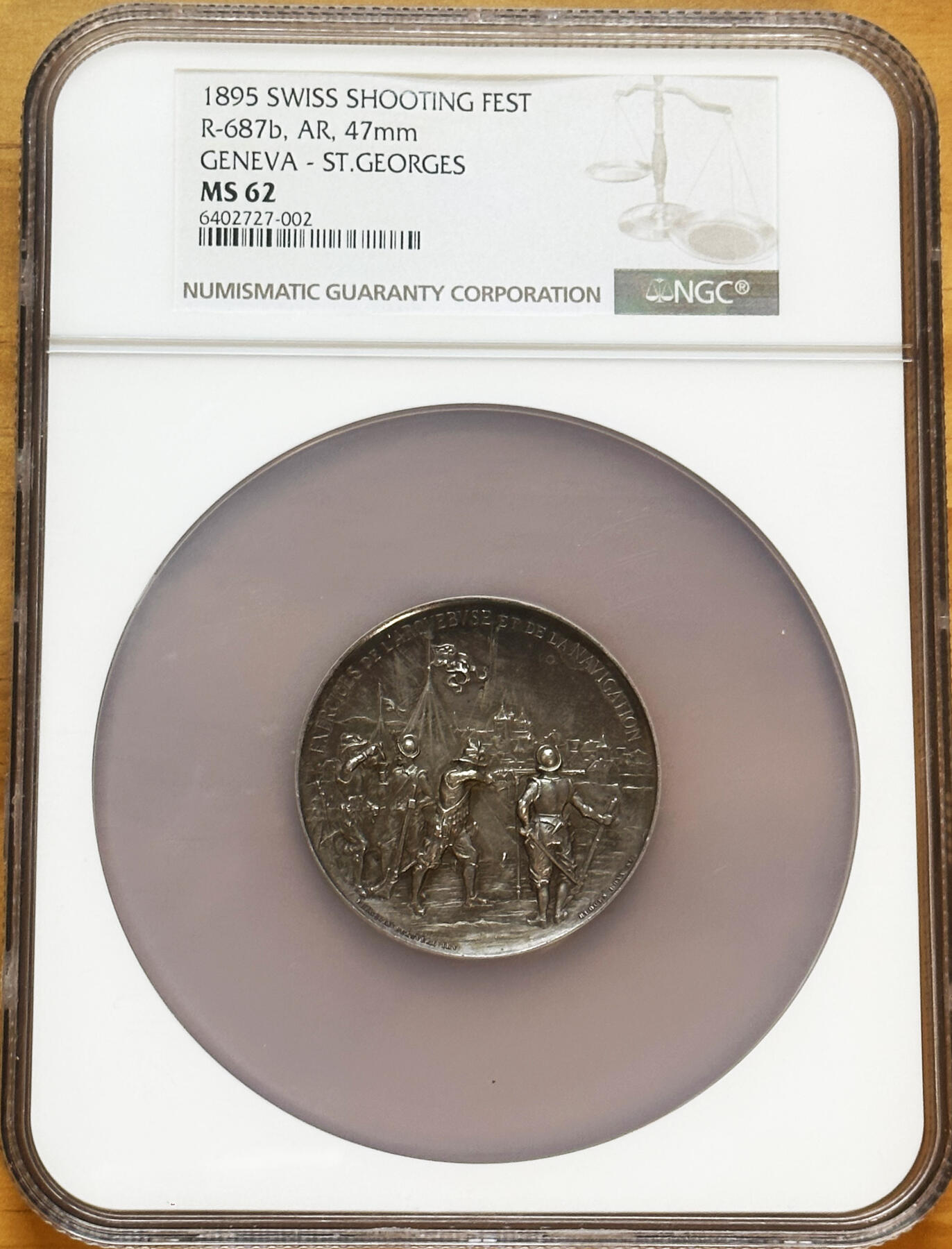 NGC-MS62 1895瑞士日内瓦射击节超大银章 亚军