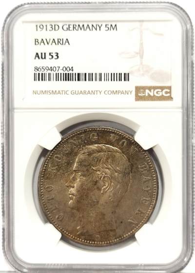 博洋堂世界钱币拍卖第163期（全场包邮） - NGC AU53 德国巴伐利亚1913年奥托5马克银币，漂亮欧洲包浆