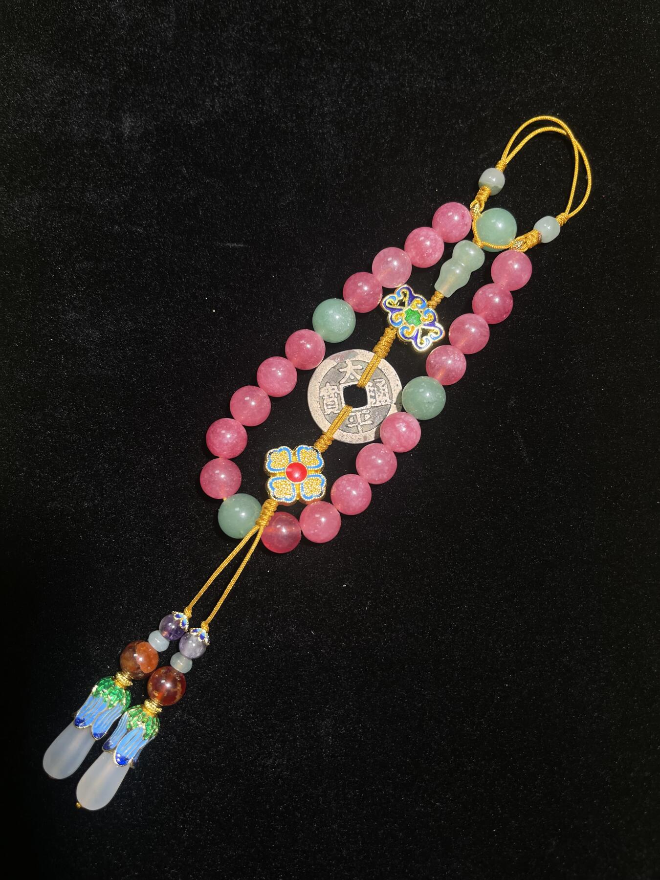 古钱币十八子手持粉碧玺玉髓手串