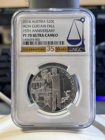 第192期拍卖 - 获奖奥地利2014推到柏林墙精致银币NGC-PF70，900银，20克，发行50000枚