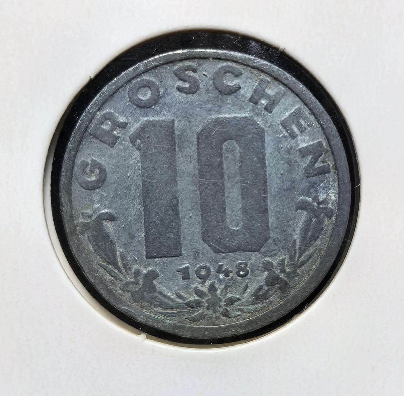 外国优质老铜币银币苏联纪念章，每周六晚九点倒数截拍，满百包邮可寄存，持续收拍 奥地利第二共和国1948年10 格罗申，为战后先令辅币。二战后奥地利重建货币体系，先令取代帝国马克，此币是战后初期经济重建、恢复货币流通的产物，沿用至欧元启用前。