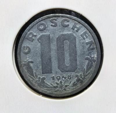 外国优质老铜币银币苏联纪念章，每周六晚九点倒数截拍，满百包邮可寄存，持续收拍 - 奥地利第二共和国1948年10 格罗申，为战后先令辅币。二战后奥地利重建货币体系，先令取代帝国马克，此币是战后初期经济重建、恢复货币流通的产物，沿用至欧元启用前。