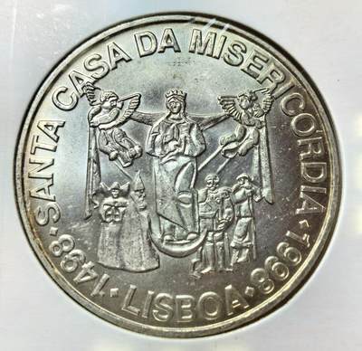 外国优质老铜币银币苏联纪念章，每周六晚九点倒数截拍，满百包邮可寄存，持续收拍 - 葡萄牙1998 年里斯本仁慈堂成立1000 埃斯库多大银币27克500银纯银价290元，为纪念里斯本仁慈堂成立500 周年（1498-1998）。正面绘有圣母与信徒群像，背面是葡萄牙国徽，由国家造币厂 INCM 铸造，是记录葡萄牙慈善机构历史的纪念币。
