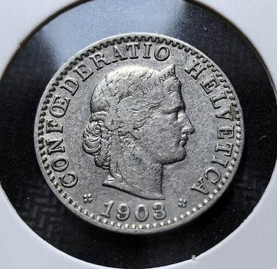 外国优质老铜币银币苏联纪念章，每周六晚九点倒数截拍，满百包邮可寄存，持续收拍 - 瑞士1903年20生丁，属于瑞士联邦流通辅币。正面为头戴冠冕的自由女神头像；背面葡萄花环象征丰收，是近代瑞士法郎体系的经典代表。