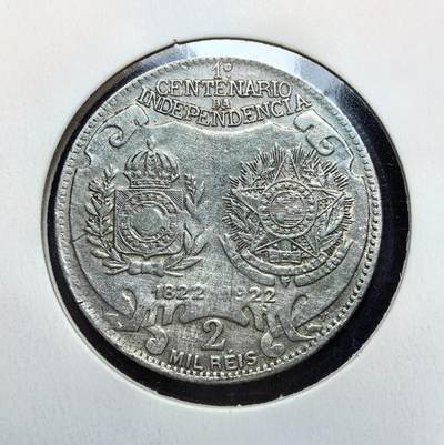 外国优质老铜币银币苏联纪念章，每周六晚九点倒数截拍，满百包邮可寄存，持续收拍 - 巴西1922 年独立百年2000 瑞斯纪念银币8克500银纯银价86元，为纪念 1822-1922 巴西独立一百周年发行。正面铸独立领袖佩德罗一世与时任总统佩索阿，背面并列帝国与共和国国徽，承载巴西从帝国走向共和的百年历程记忆。