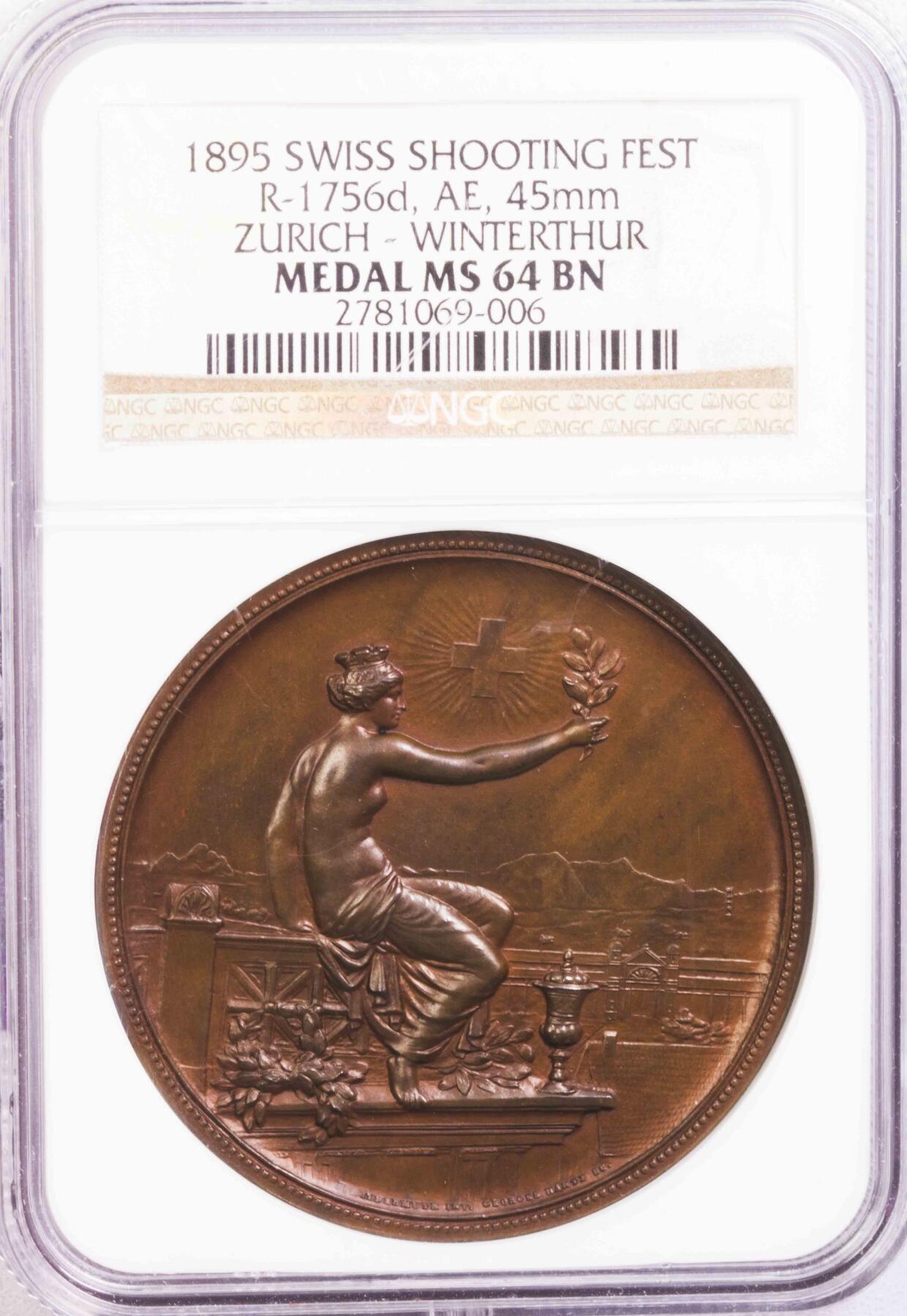 NGC-MS64BN 1895瑞士苏黎世射击节女神加厚大铜章