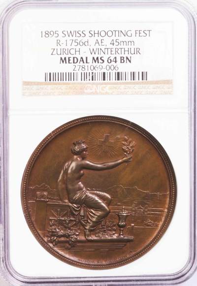 NGC-MS64BN 1895瑞士苏黎世射击节女神加厚大铜章 NGC-MS64BN 1895瑞士苏黎世射击节女神加厚大铜章