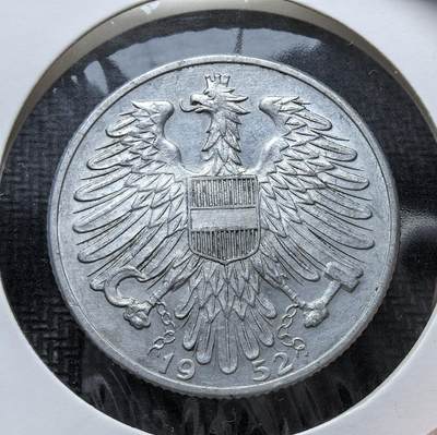 外国优质老铜币银币苏联纪念章，每周六晚九点倒数截拍，满百包邮可寄存，持续收拍 - 奥地利第二共和国1952年5 先令，正面为奥地利国徽双头鹰，背面标注国名与面值。二战后先令于 1945 年恢复流通，此币为战后重建期货币，1952-1957 年铸造，2002 年被欧元取代。