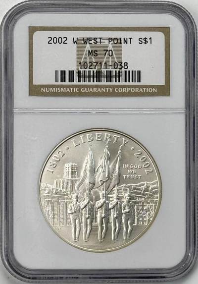 S&S Numismatic世界钱币-拍卖 第121期  - 获奖币*美国2002年 美国西点军校二百周年 1美元纪念银币 26.73克900银 NGC MS70