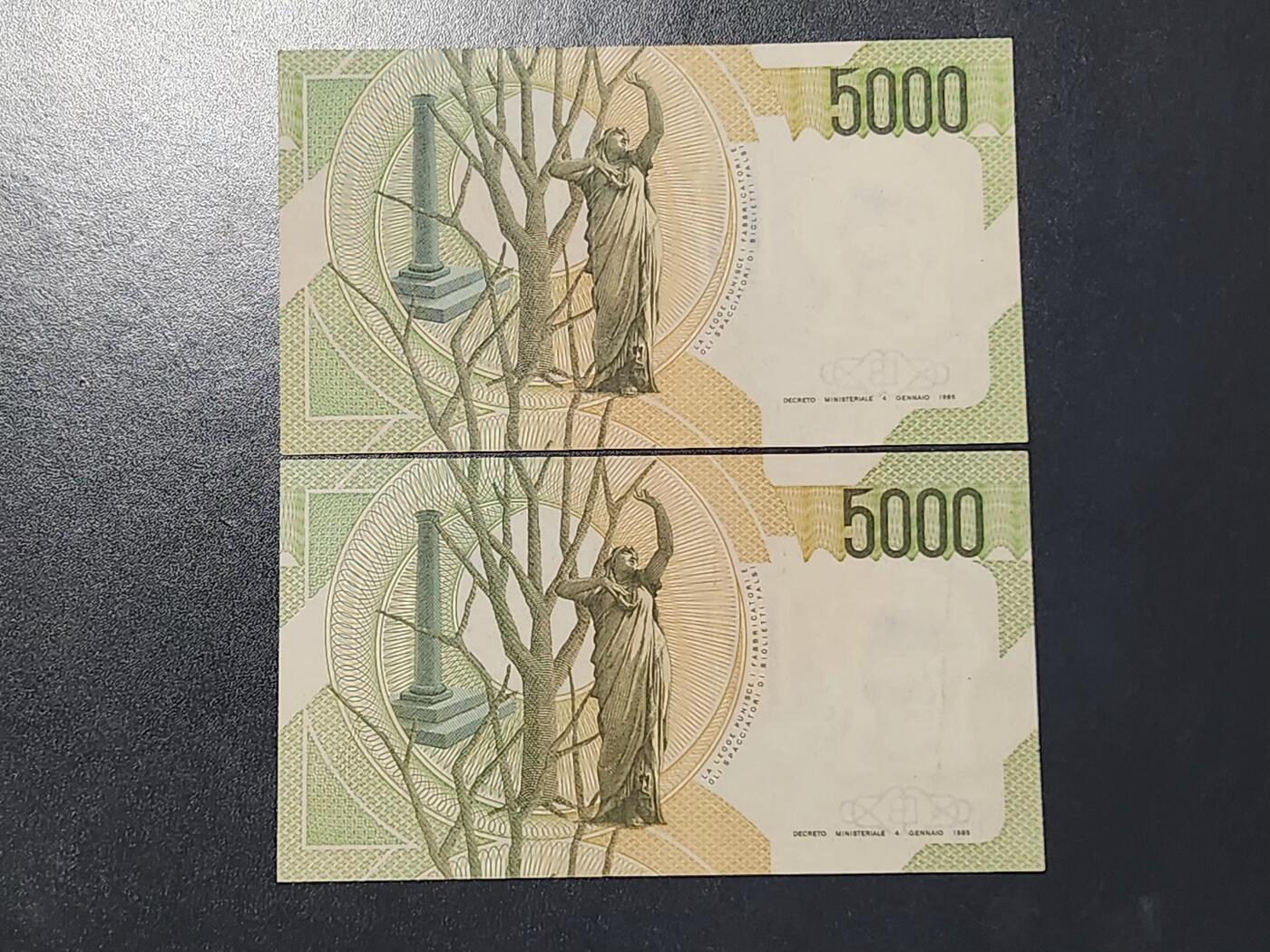 3月6号晚上8点 外国纸币自动截拍第35场 意大利5000极美品不同签名一对