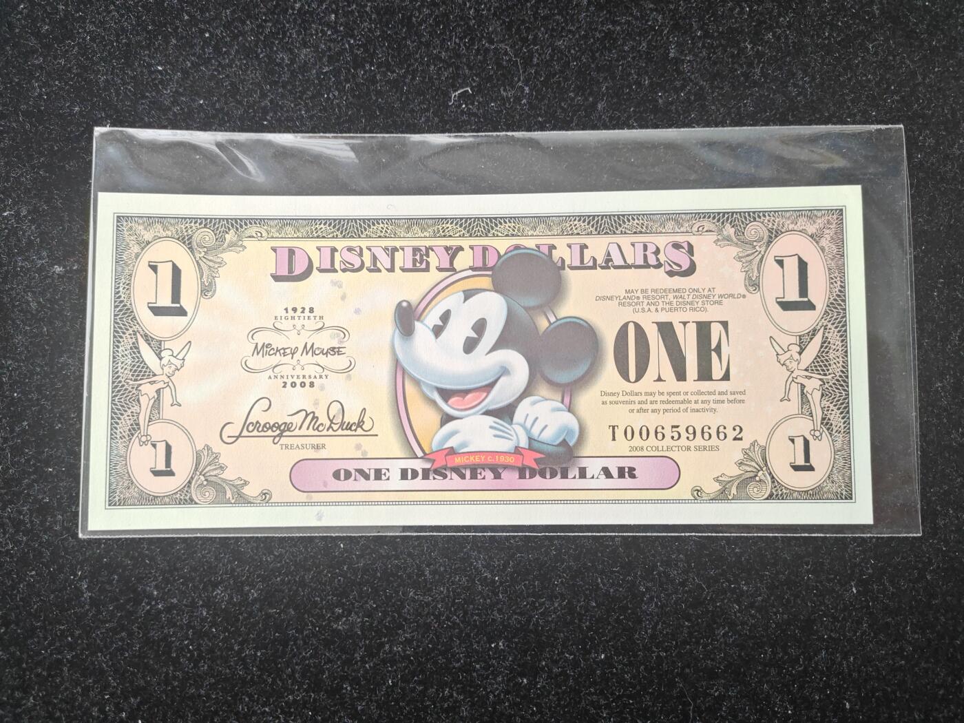 美国 迪士尼纪念钞 2008年 80周年纪念 1元 全新UNC