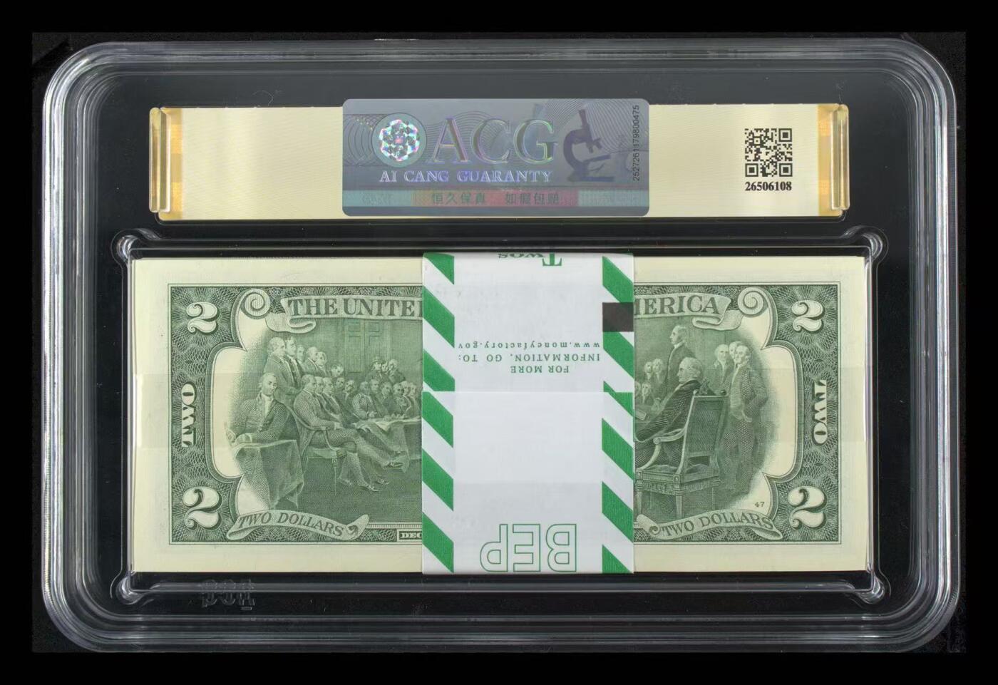 《外钞收藏家》第六百一十五期（畅拍场）（长期征集拍品、欢迎藏友们联系合作） 2013年美国2美元 标准100连号 补号 爱藏67+ 倒置号24张 朦胧号11张 金马号11张（B018）