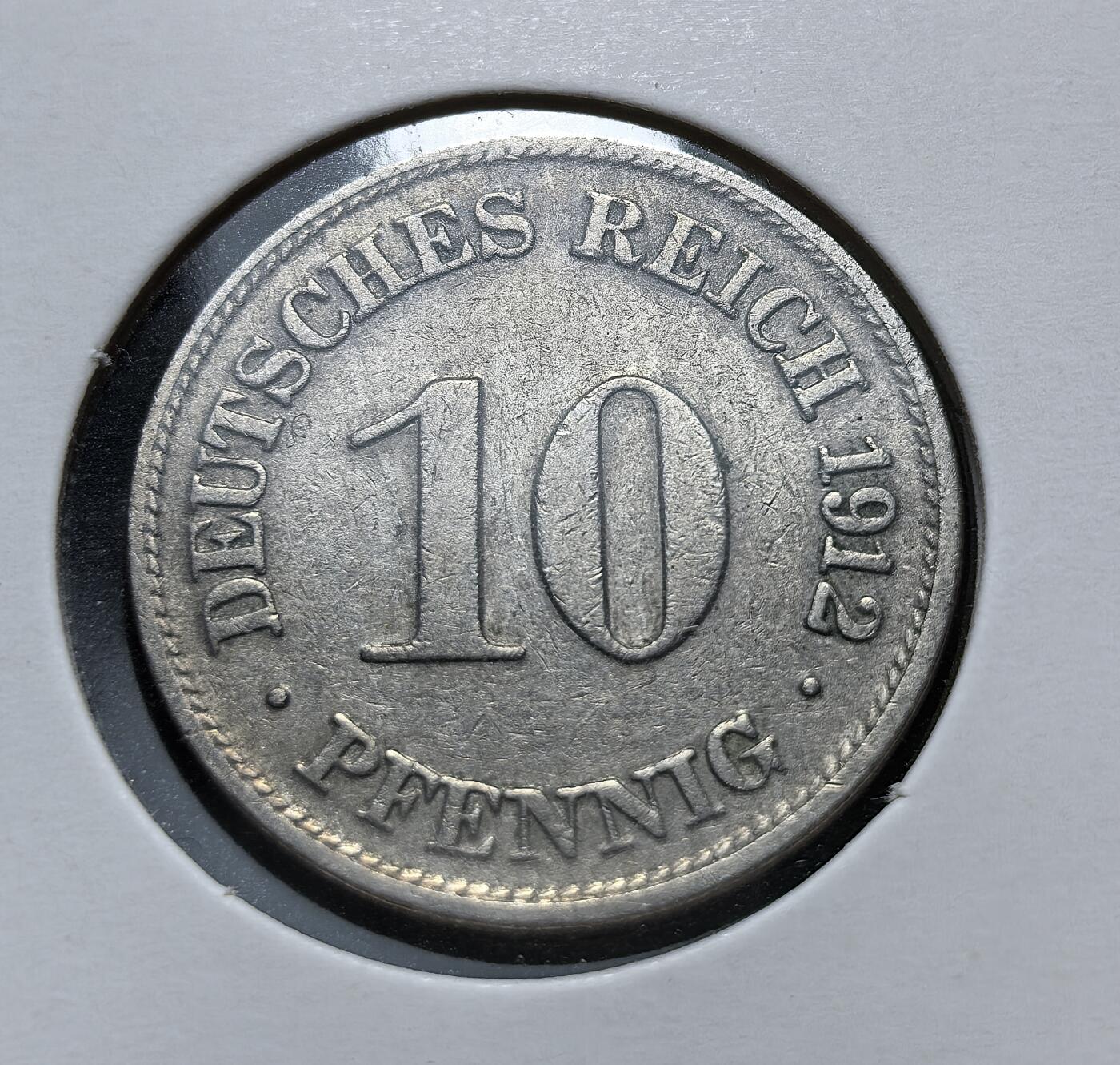 外国优质老铜币银币苏联纪念章，每周六晚九点倒数截拍，满百包邮可寄存，持续收拍 德意志帝国1912年10芬尼D版，由德累斯顿造币厂铸造。币面 “DEUTSCHES REICH” 与帝国鹰徽，属 1871 年统一后德国金马克体系，流通至一战后魏玛共和国时期。
