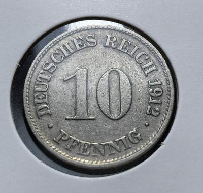 外国优质老铜币银币苏联纪念章，每周六晚九点倒数截拍，满百包邮可寄存，持续收拍 - 德意志帝国1912年10芬尼D版，由德累斯顿造币厂铸造。币面 “DEUTSCHES REICH” 与帝国鹰徽，属 1871 年统一后德国金马克体系，流通至一战后魏玛共和国时期。