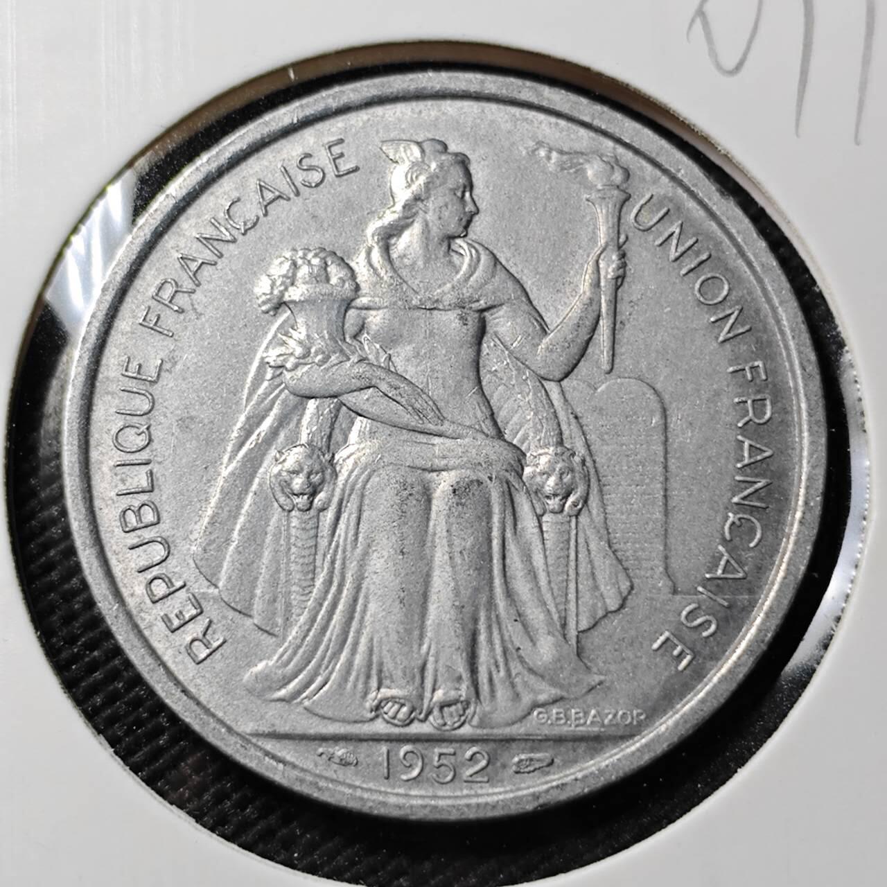 KK钱币收藏小铺   第401期 2月预留时间 周末发货  1952法属波利尼西亚5法郎