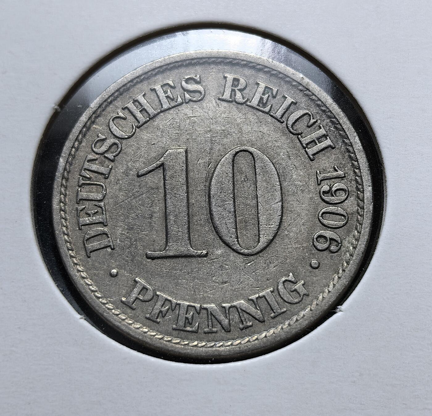 外国优质老铜币银币苏联纪念章，每周六晚九点倒数截拍，满百包邮可寄存，持续收拍 德意志帝国1906年10芬尼A版，由德累斯顿造币厂铸造。币面 “DEUTSCHES REICH” 与帝国鹰徽，属 1871 年统一后德国金马克体系，流通至一战后魏玛共和国时期。