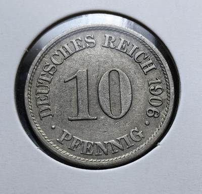 外国优质老铜币银币苏联纪念章，每周六晚九点倒数截拍，满百包邮可寄存，持续收拍 - 德意志帝国1906年10芬尼A版，由德累斯顿造币厂铸造。币面 “DEUTSCHES REICH” 与帝国鹰徽，属 1871 年统一后德国金马克体系，流通至一战后魏玛共和国时期。