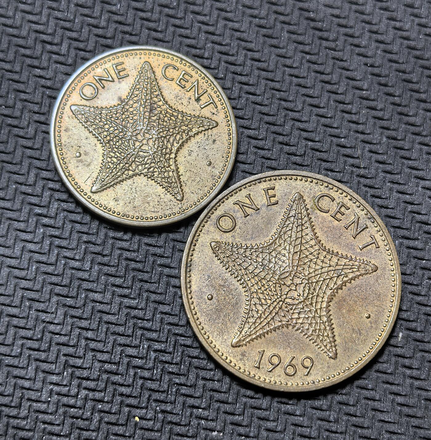 外国优质老铜币银币苏联纪念章，每周六晚九点倒数截拍，满百包邮可寄存，持续收拍 巴哈马海星币2个版本，1966 年起发行，此前巴哈马使用英国硬币。硬币正面为伊丽莎白二世头像或巴哈马国徽，背面海星象征海洋资源，2020 年停止发行并退出流通。