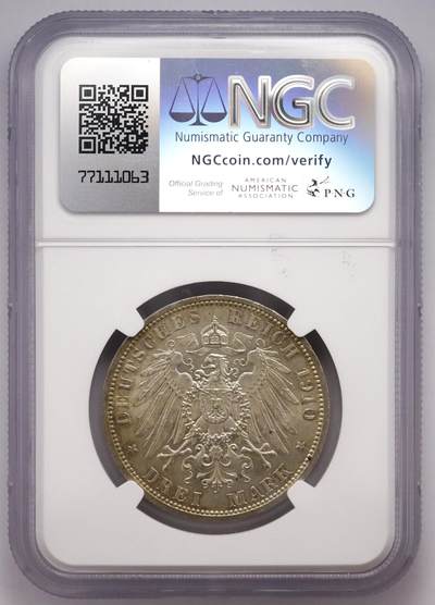 观钱近现代机制币拍卖No.003  普鲁士 1910 年 威廉二世3 马克银币 NGC MS63