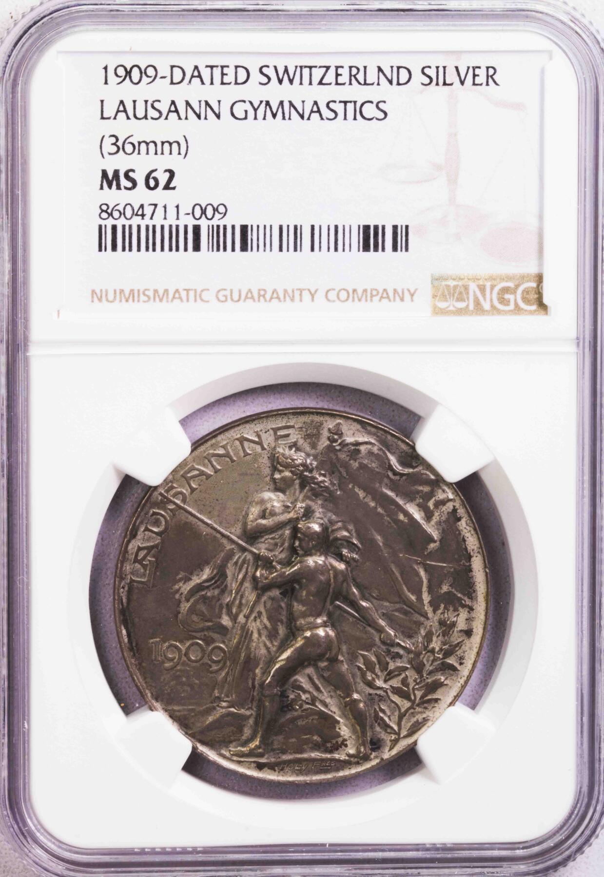 NGC-MS62/MS65BN 1909瑞士洛桑拿旗银章铜章一对