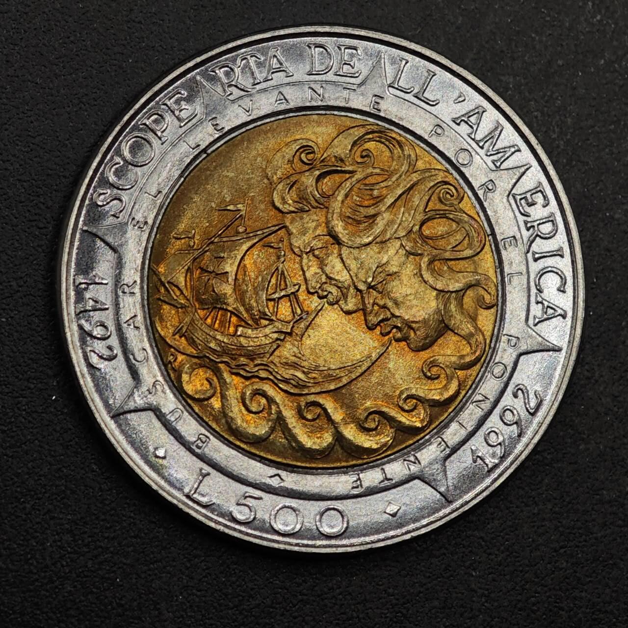 【淘币小摊】实时拍第八百七十七拍   散币场    每周一统一发货 圣马力诺1992年发现美洲500里拉纪念币