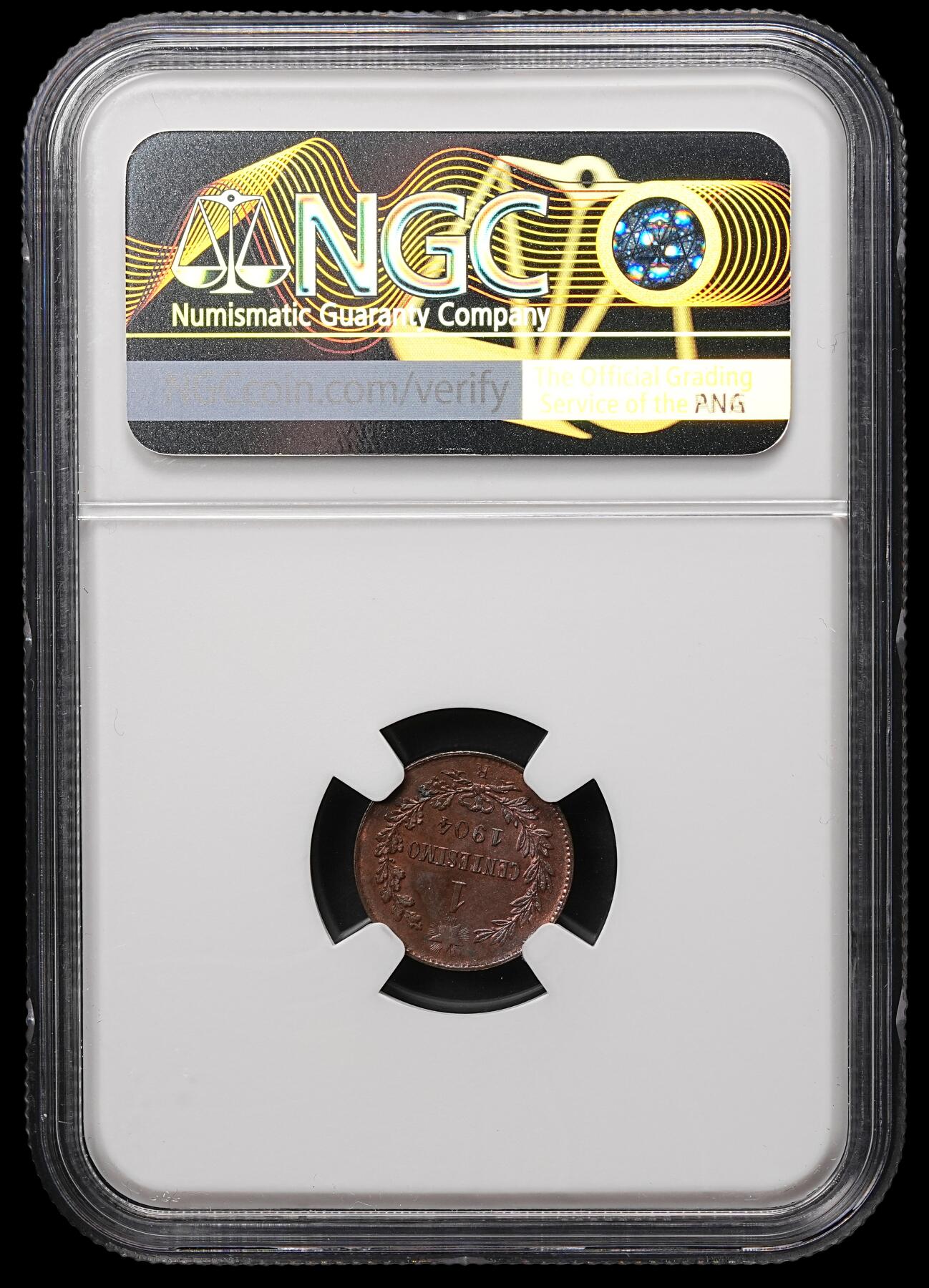 修遠堂世界钱币第106期，请看参拍说明 NGC MS64BN 1904年意大利1分铜币