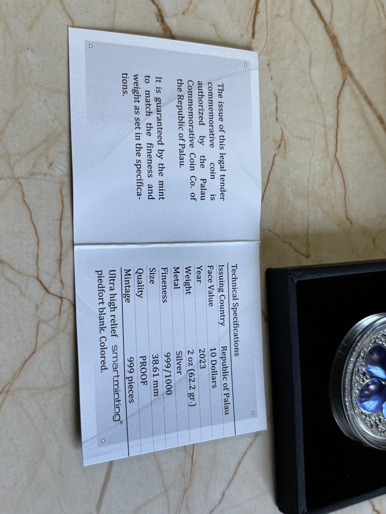 第193期拍卖 帕劳2023年花卉系列勿忘我花2盎司高浮雕彩色银币，999银，发行999枚